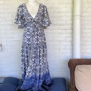 Taylor Dress Midi Cottagecore Bohemian Prairie Wedding Blue and White Dres